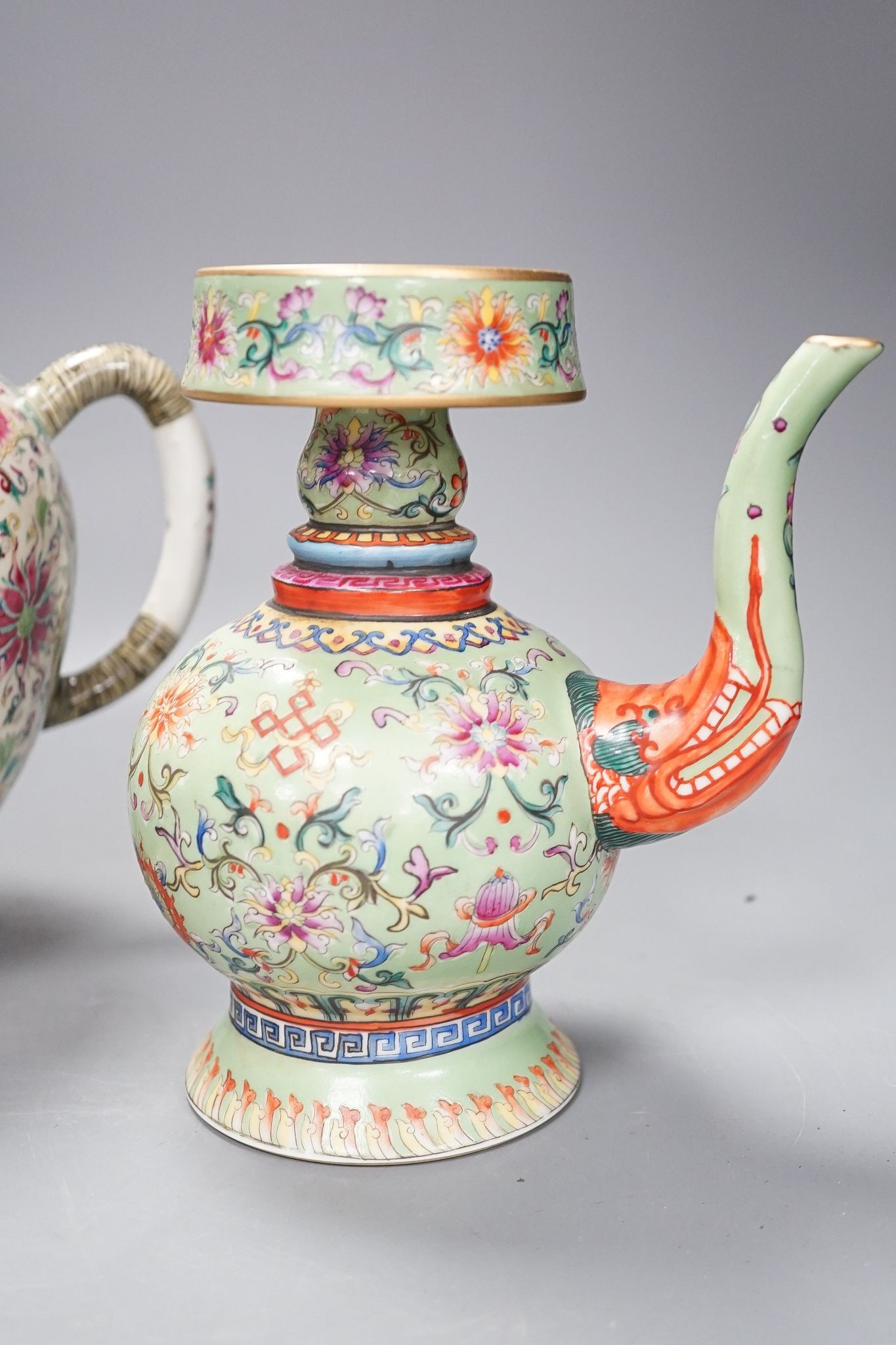 A large 19th century Chinese famille rose wine pot, and another wine pot, tallest 27cm